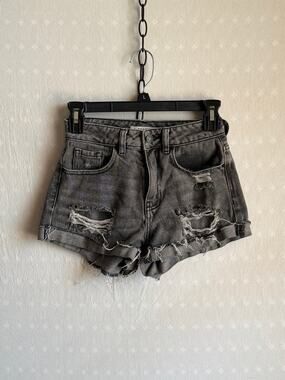 PacSun Womens Distressed Denim Shorts Black Gray Wash Cuffed